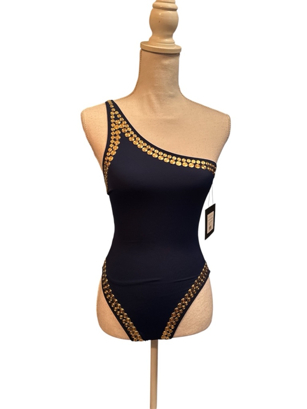 Norma Kamali Gold One Shoulder Mio Swimsuit - Picture 2 of 7